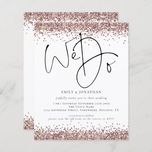 Budget QR Roos Gold Glitter We Weduwen Uitnodigen (Voorkant / Achterkant)