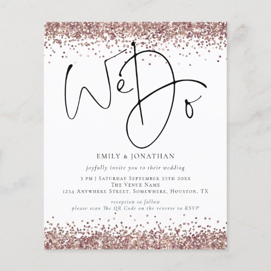 Budget QR Roos Gold Glitter We Weduwen Uitnodigen (Voorkant)