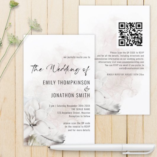 Budget QR White Floral Waterverf Wedding Invite