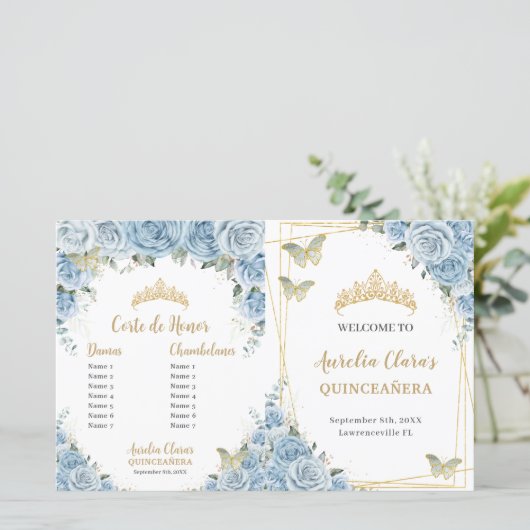 Budget Quinceañera 15 Blauwe Bloemen Padrinos Prog (Staand voorkant)