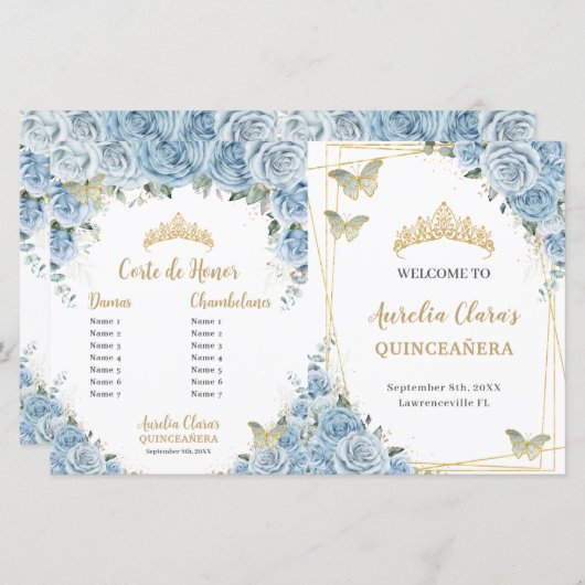 Budget Quinceañera 15 Blauwe Bloemen Padrinos Prog (Voorkant / Achterkant)
