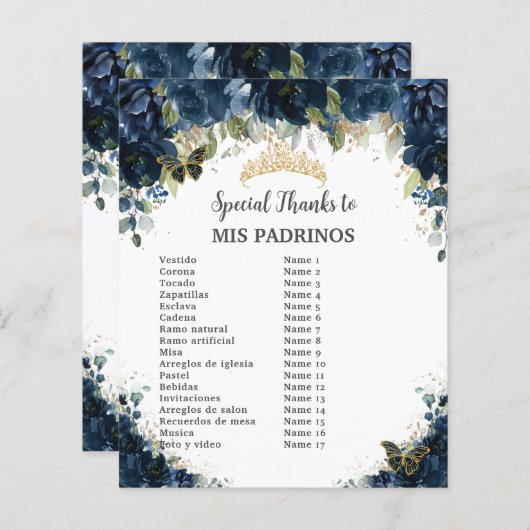 Budget Quinceañera 15 Navy Floral Padrinos Corte (Voorkant / Achterkant)