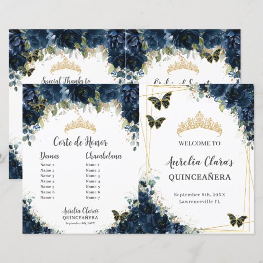 Budget Quinceañera 15 Navy Floral Padrinos Program (Voorkant / Achterkant)