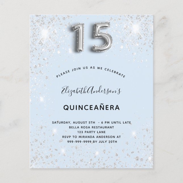 Budget Quinceanera babyblauwe zilverglitter (Voorkant)