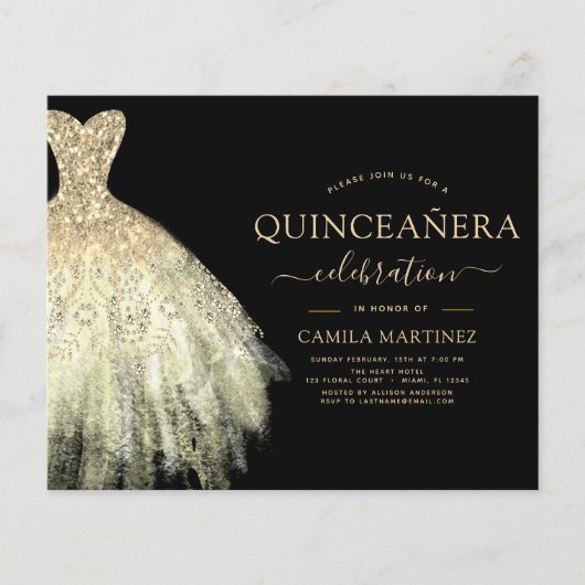 Budget Quinceanera Black en Gold Glitter Sparkle Flyer (Voorkant)