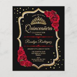 Budget Quinceanera - Black Red Gold Invitation Flyer