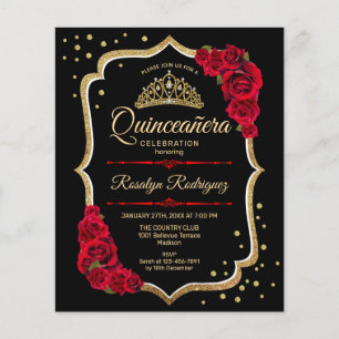 Budget Quinceanera - Black Red Gold Invitation Flyer
