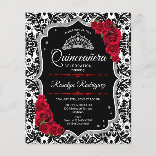 Budget Quinceanera - Black Red Silver Invite Flyer (Voorkant)