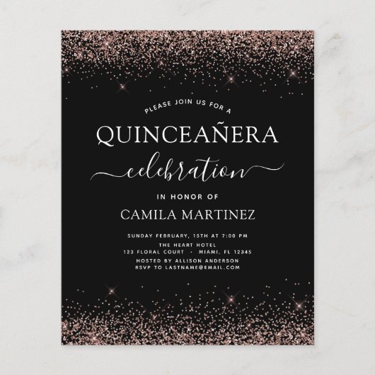 Budget Quinceanera Black Roos Gold Blush Pink Flyer (Voorkant)