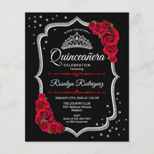 Budget Quinceanera - Black Silver Red Uitnodiging Flyer