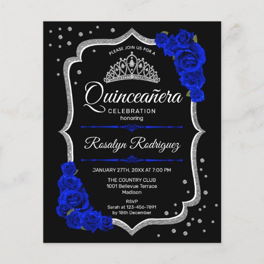 Budget Quinceanera Black Silver Royal Blue Invite Flyer (Voorkant)