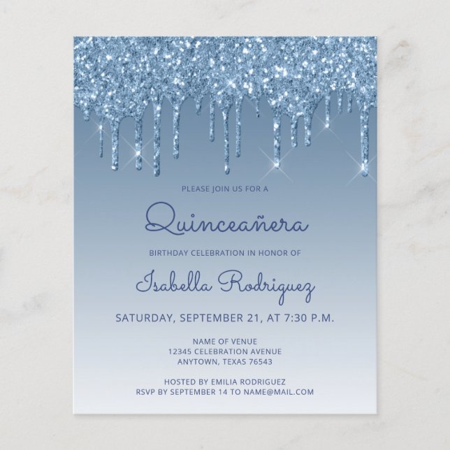 Budget Quinceañera Blauwe Glitter Drip Uitnodiging (Voorkant)