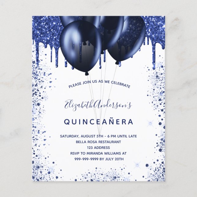 Budget Quinceanera - blauwe witte uitnodiging (Voorkant)