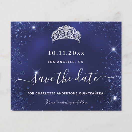 Budget Quinceanera blue glitter Besparingsdatum (Voorkant)