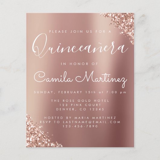 Budget Quinceanera Blush Pink - Roos Gold Glitter Flyer (Voorkant)