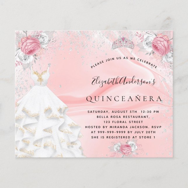 Budget Quinceanera blush roze glitter jurk tiara (Voorkant)
