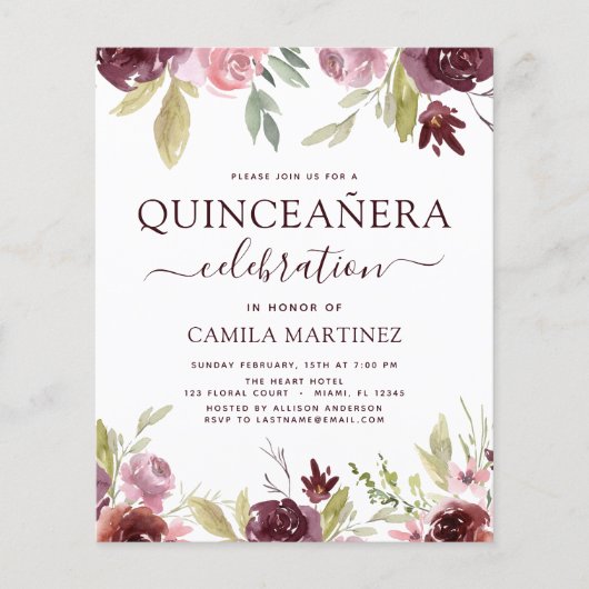 Budget Quinceanera Burgundy Blush Pink Floral Flyer (Voorkant)