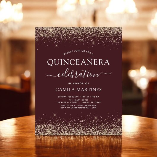 Budget Quinceanera Burgundy Gold Uitnodiging Flyer