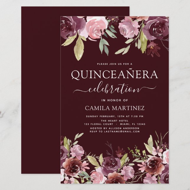 Budget Quinceanera Burgundy Pink Floral (Voorkant / Achterkant)