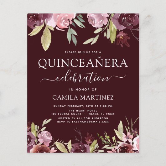 Budget Quinceanera Burgundy Pink Floral Flyer (Voorkant)