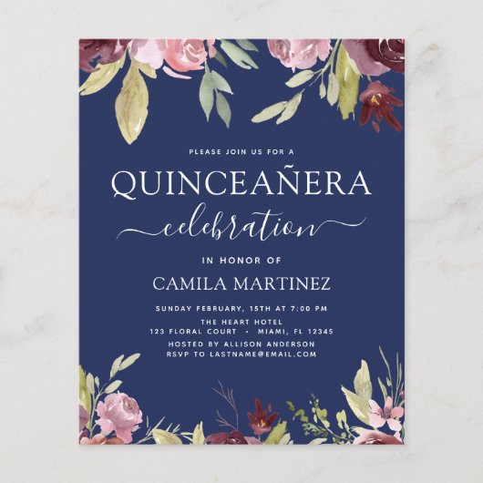 Budget Quinceanera Burgundy Pink Floral Flyer (Voorkant)