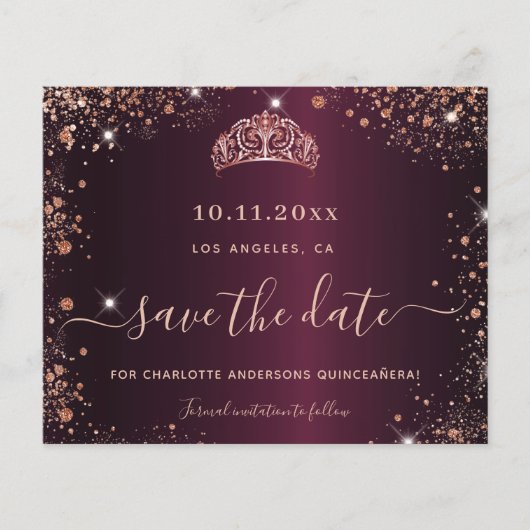 Budget Quinceanera burgundy roos gold save date (Voorkant)