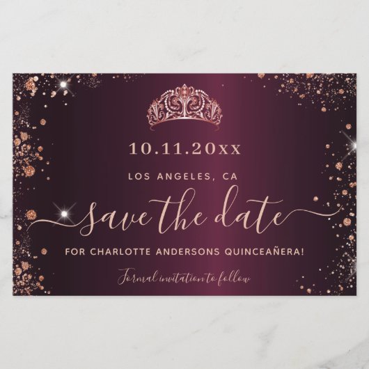 Budget Quinceanera burgundy roos gold save date (Voorkant)