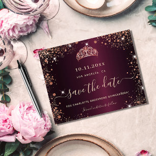 Budget Quinceanera burgundy roos gold save date