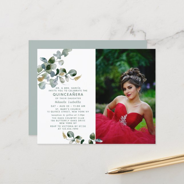 Budget Quinceañera Eucalyptus Floral Foto (Voorkant / Achterkant in situ)