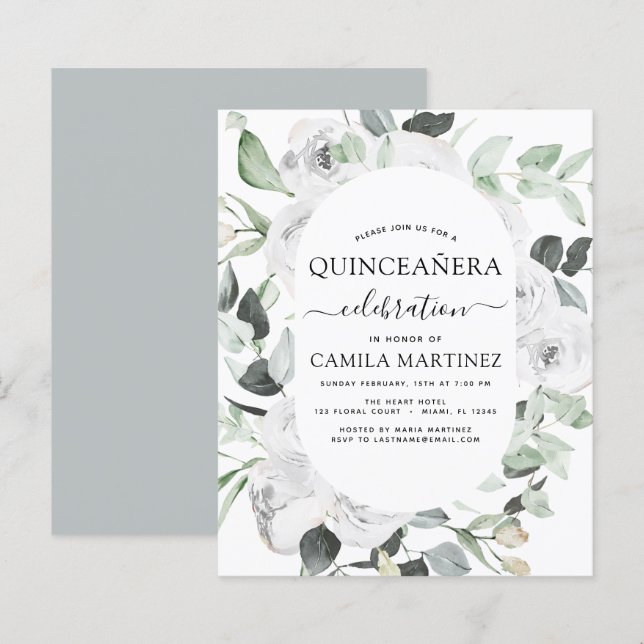 Budget Quinceañera Eucalyptus Floral Invitation (Voorkant / Achterkant)