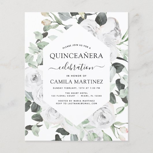 Budget Quinceañera Eucalyptus Floral White Roses Flyer (Voorkant)
