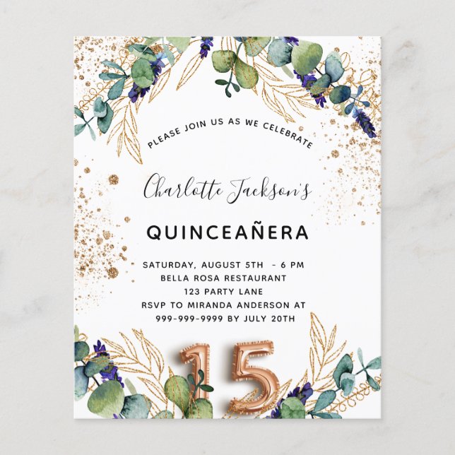 Budget quinceanera eucalyptus greenery glitter (Voorkant)