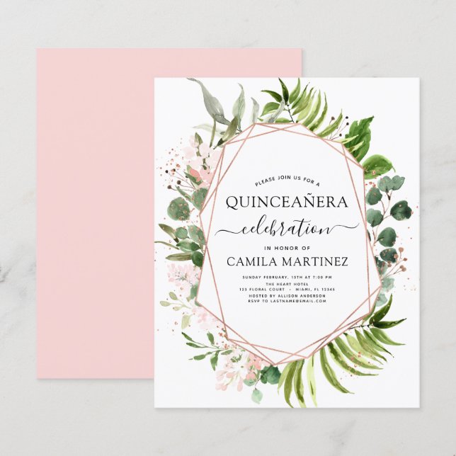 Budget Quinceanera Eucalyptus Roos Gold Geometric (Voorkant / Achterkant)