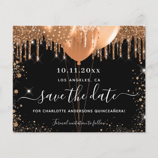 Budget Quinceanera-feest zwart goud save the date (Voorkant)