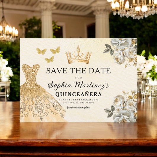 Budget Quinceanera Floral Gold Save the Date