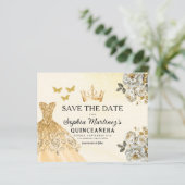 Budget Quinceanera Floral Gold Save the Date (Staand voorkant)