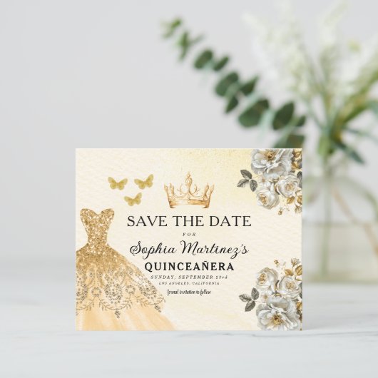 Budget Quinceanera Floral Gold Save the Date (Staand voorkant)