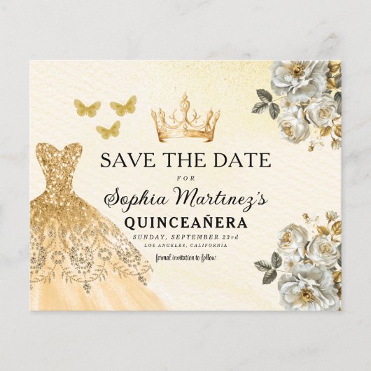 Budget Quinceanera Floral Gold Save the Date (Voorkant)