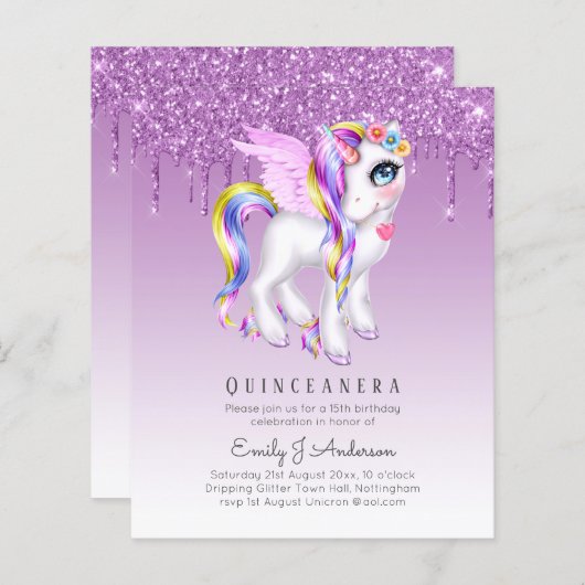 BUDGET Quinceanera Glitter Eenhoorn Anicorn met Vl (Voorkant / Achterkant)