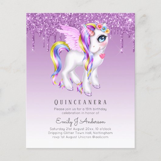 BUDGET Quinceanera Glitter Eenhoorn Anicorn met Vl (Voorkant)