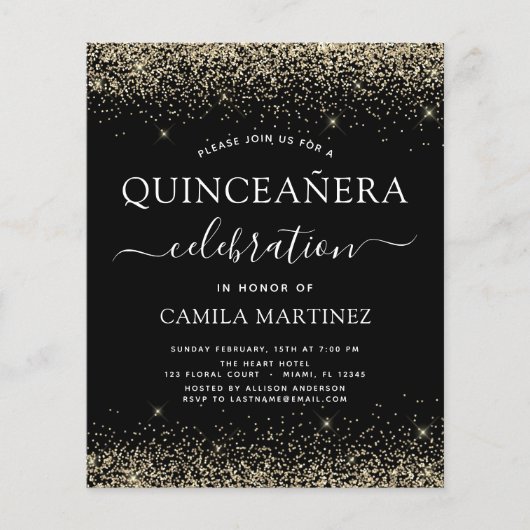 Budget Quinceanera Gold Black Modern Glitter Flyer (Voorkant)