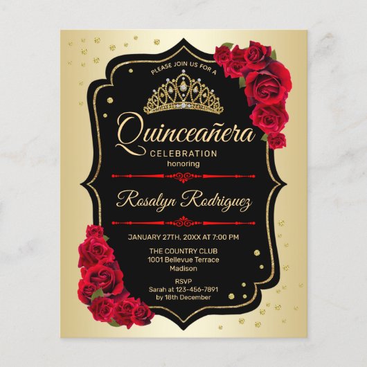Budget Quinceanera - Gold Black Red Uitnodiging Flyer (Voorkant)