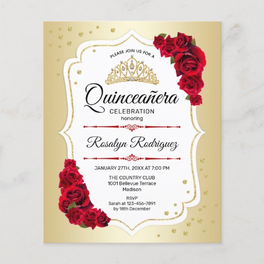 Budget Quinceanera - Goud Wit Rode Uitnodiging Flyer (Voorkant)