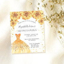 Budget Quinceanera goudjurk bloemuitnodiging