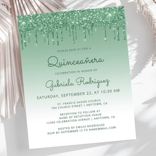 Budget Quinceañera Green Glitter Drip Invitation (Creator heeft geüpload)