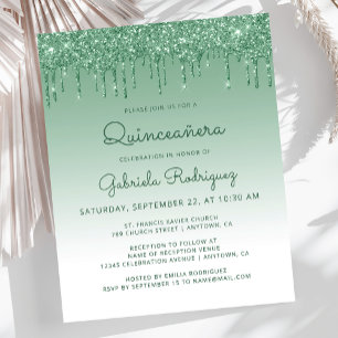 Budget Quinceañera Groene Glitter Drip Uitnodiging