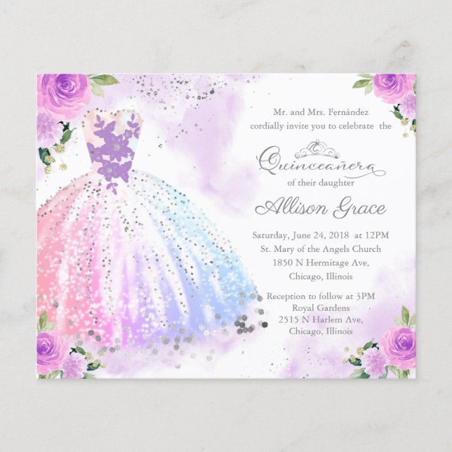 Budget Quinceanera Invitation padrinos en Damas (Voorkant)