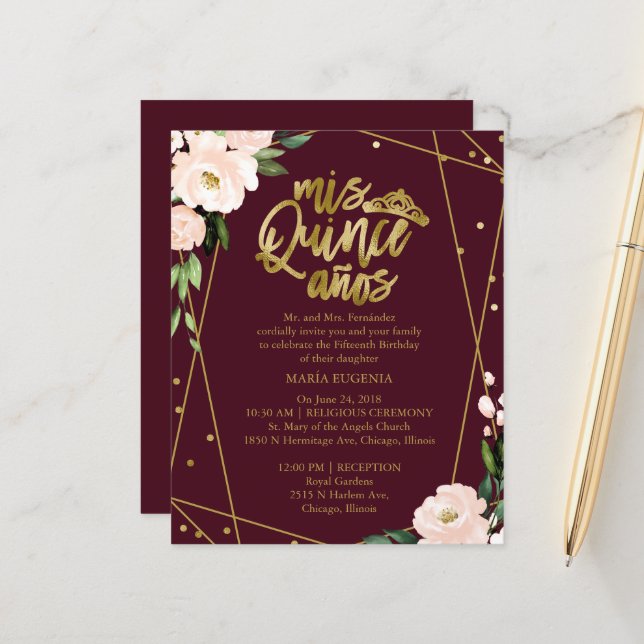 Budget Quinceanera Invitations Gold Blush Bourgogn (Voorkant / Achterkant in situ)