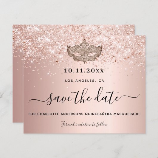 Budget Quinceanera masquerade roos gold save date (Voorkant / Achterkant)