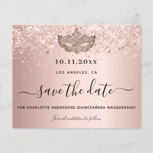 Budget Quinceanera masquerade roos gold save date (Voorkant)